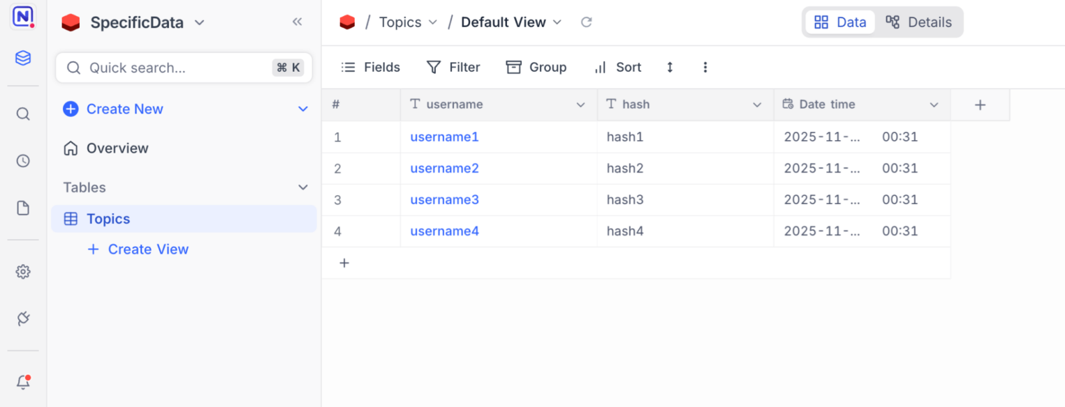 Тестовая таблица SpecificData.Topics.