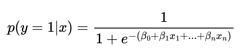 Формула (в формате LaTeX): p(y=1|x) = \frac{1}{1 + e^{-(\beta_0 + \beta_1x_1 + ... + \beta_nx_n)}}