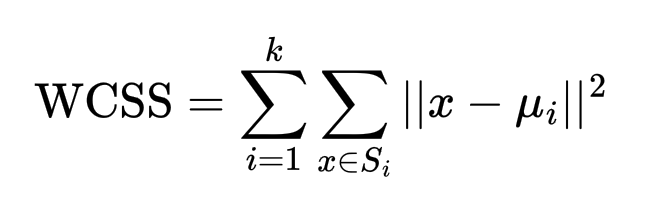 Формула (в формате LaTeX): \text{WCSS} = \sum_{i=1}^{k} \sum_{x \in S_i} ||x - \mu_i||^2