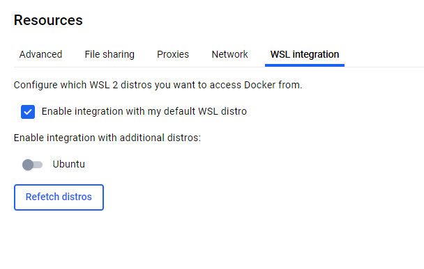 Скриншот раздела Recources, вкладки WSL integration.