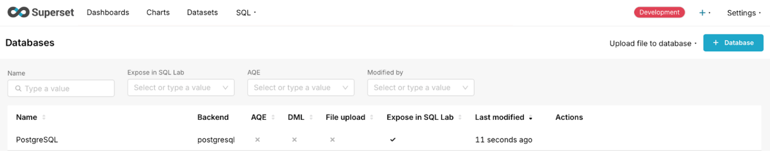 Скриншот раздела Databases в Apache Superset.