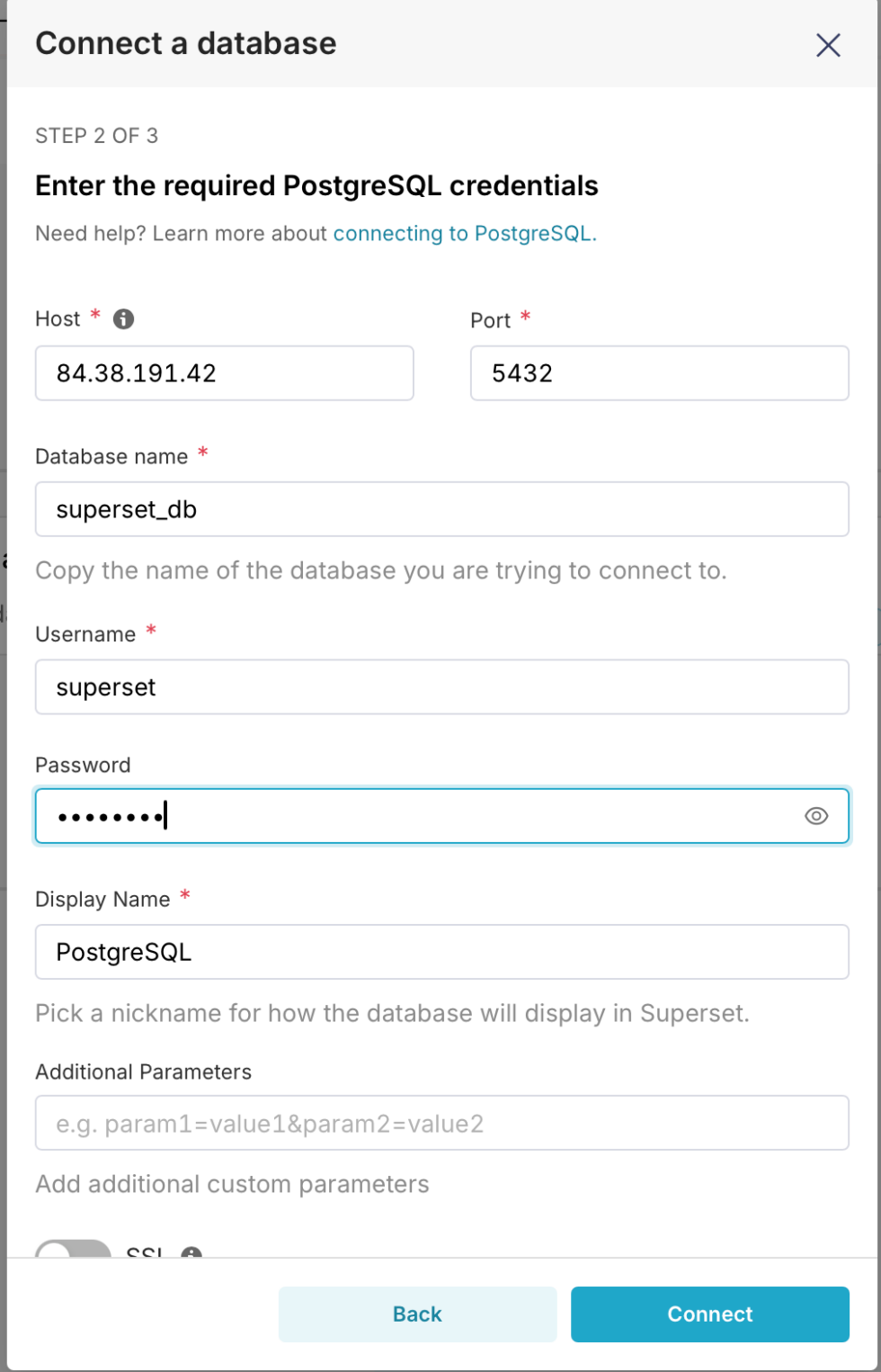 Скриншот окна Connect to database. 