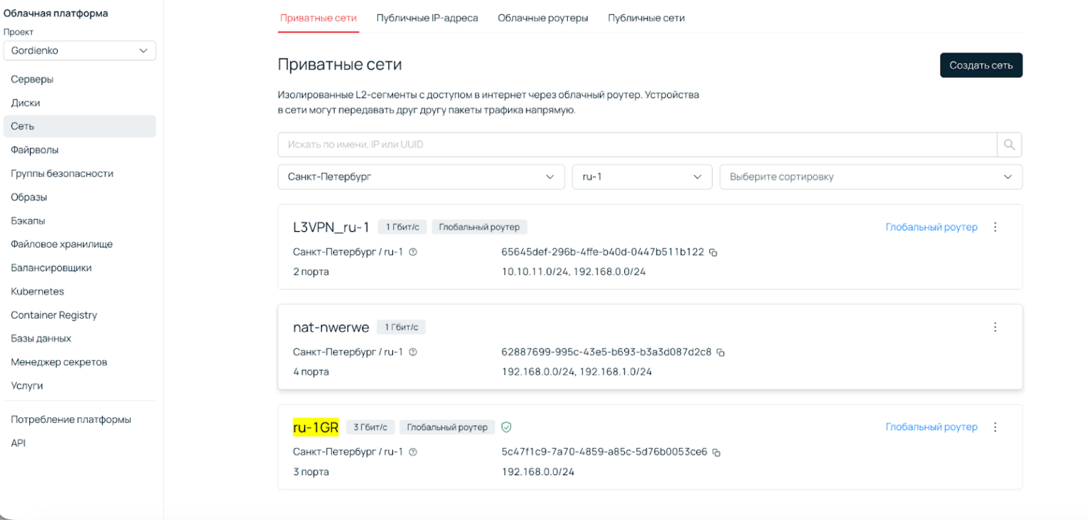 Раздел «Приватные сети» в панели управления. Отображаются сети ru-1GR (подключена к глобальному роутеру) и другие подсети с указанием их CIDR.