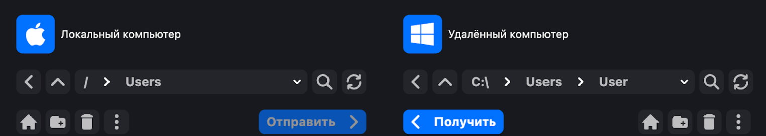 Окно передачи файлов между локальным и удаленным компьютерами.
