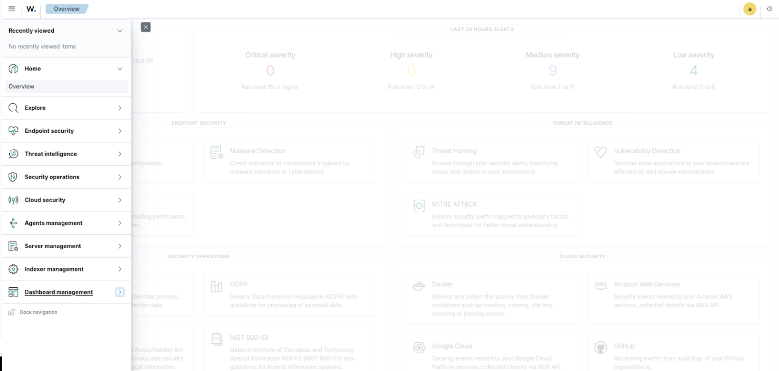 Скриншот выпадающего меню в Wazuh.