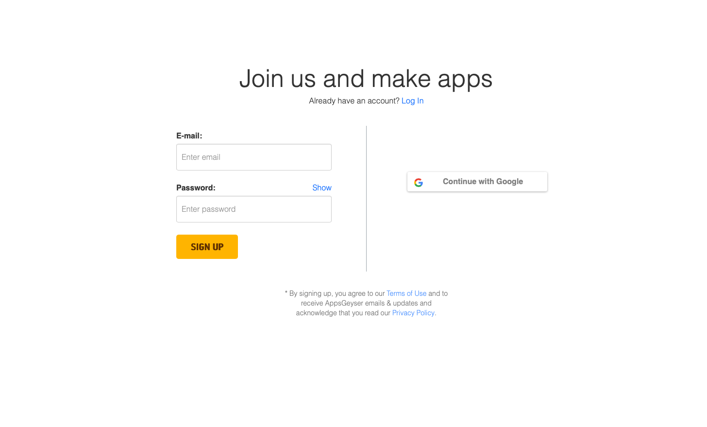 Начальный экран регистрации в конструкторе.