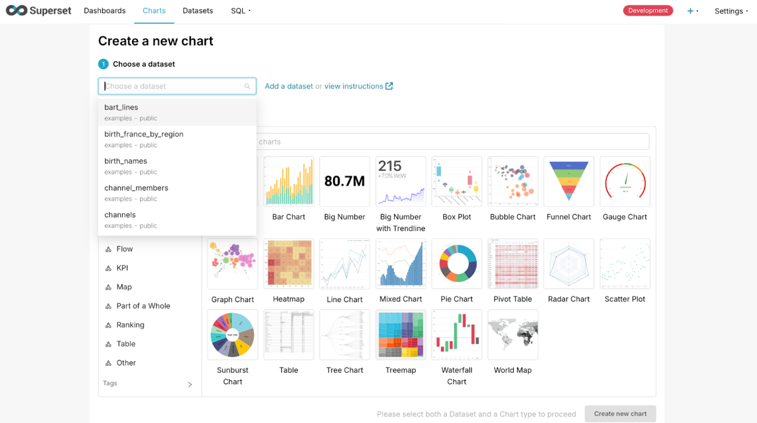 Скриншот Apache Superset. Страница Create a new chart. 