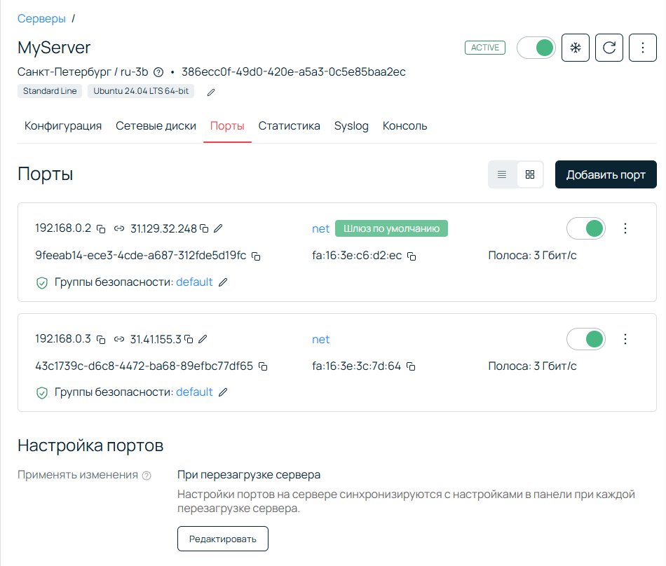 Скриншот из панели Selectel.