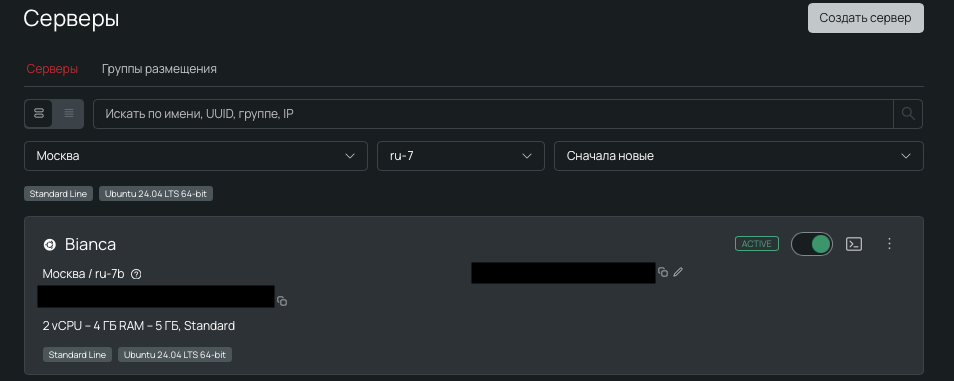 Интерфейс панели управления, список серверов, в котором уже есть созданный сервер со статусом ACTIVE.