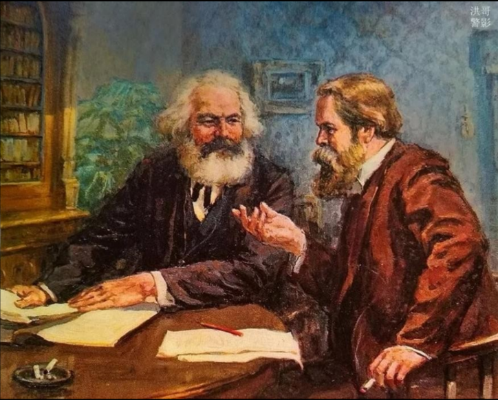 Картина, на которой изображены разговаривающие Маркс и Энгельс.