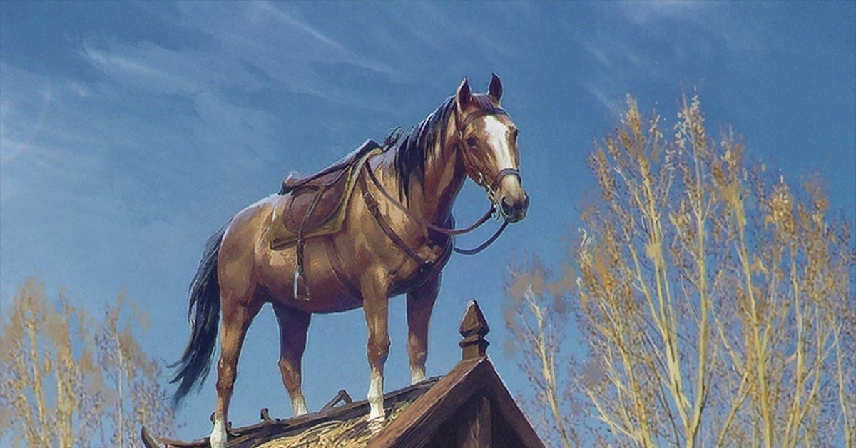 Скриншот из игры «Ведьмак 3»: лошадь Плотва стоит на коньке крыши деревянного дома на фоне деревьев, демонстрируя известный баг с размещением персонажа.