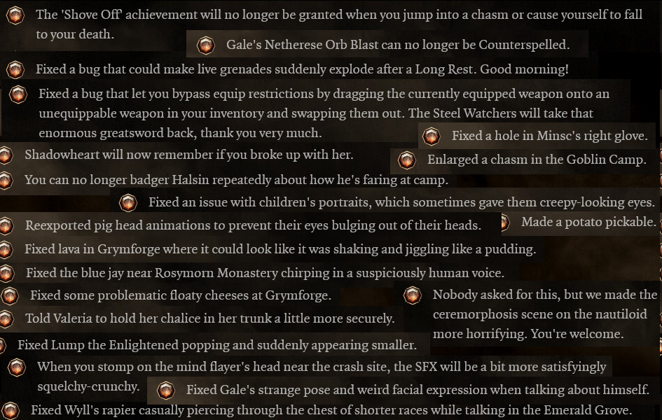 Скриншот забавных элементов в списке исправлений. Все фразы на английском языке.