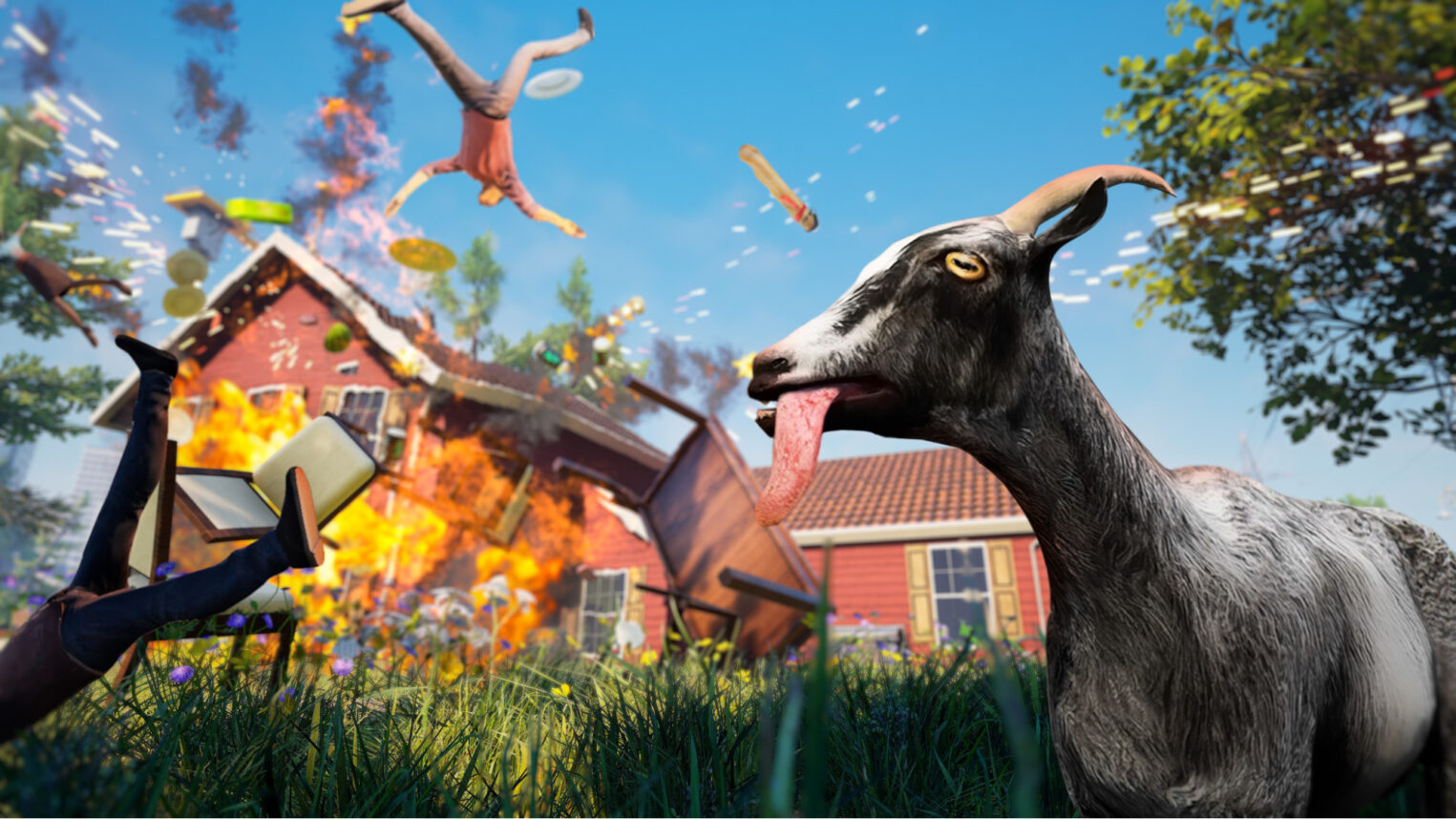Обложка игры Goat Simulator: козел с неестественно длинным высунутым языком на переднем плане, позади него происходит взрыв дома и разлетаются люди, что подчеркивает абсурдную физику игры.
