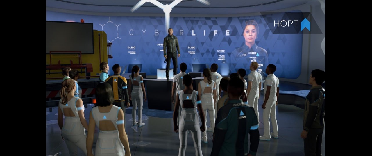 Сцена из видеоигры «Detroit: Become Human» с персонажами в футуристичном интерьере компании CyberLife; на заднем плане виден огромный панорамный экран с интерфейсом и портретом андроида.