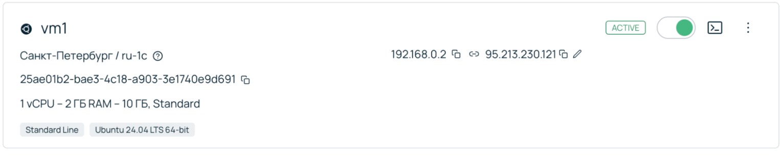 Скриншот из панели управления. Созданная виртуальная машина с IP 192.168.0.2.