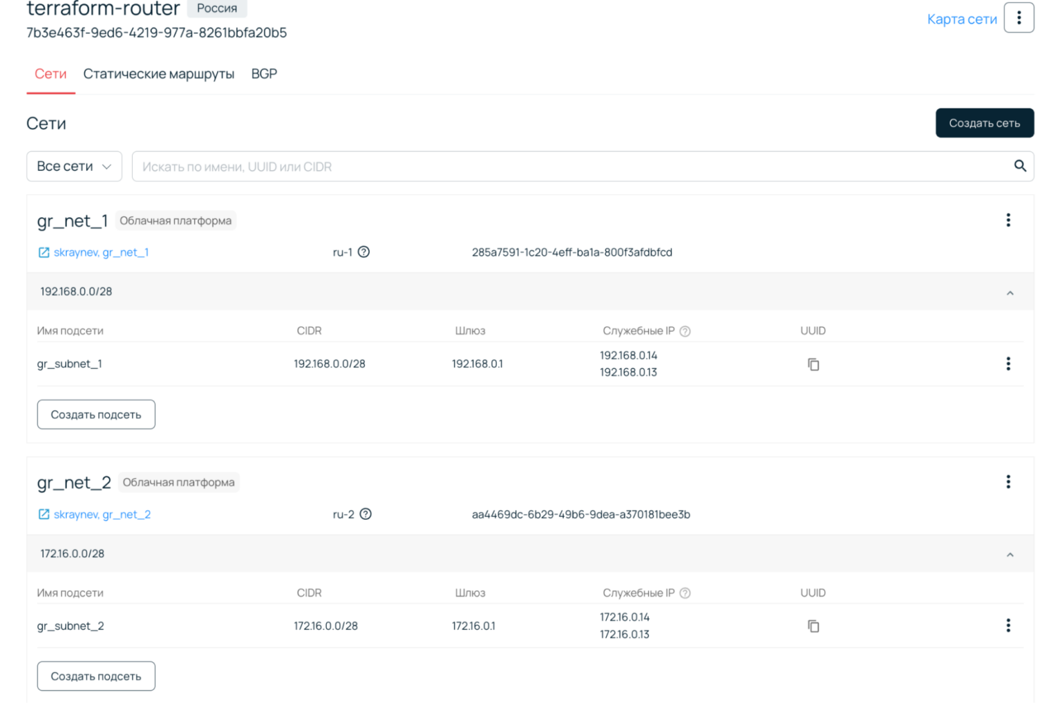 Отображение сетей в панели управления.