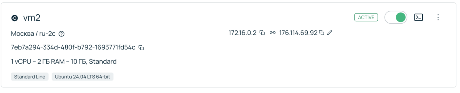 Скриншот из панели управления. Созданная виртуальная машина с IP 172.16.0.2.