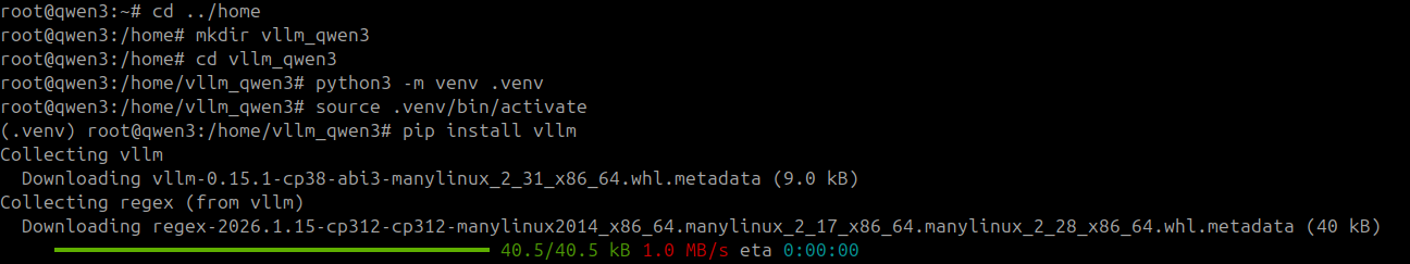 Скрин консоли с подготовкой проекта и виртуального окружения.
