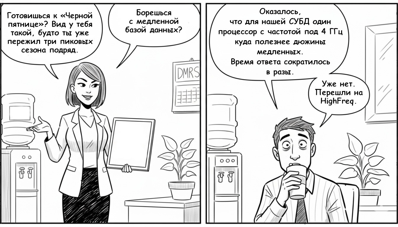 Комикс: Техдиректор Виктор жалуется коллеге Анне на медленную работу СУБД перед Черной пятницей. Решение — переход на высокочастотные процессоры HighFreq с частотой до 4 ГГц для ускорения транзакций.