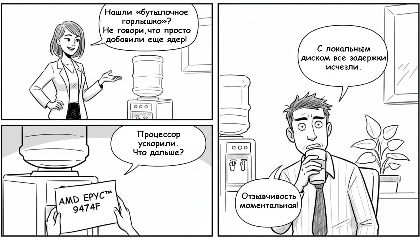 Комикс: Виктор обсуждает с Анной устранение «бутылочного горлышка» в ИТ-инфраструктуре. Помог переход на быстрые локальные NVMe диски и процессоры AMD EPYC 9474F для моментальной отзывчивости системы.