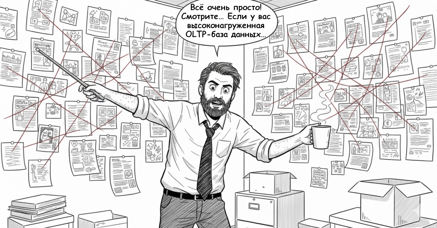 Иллюстрация: Харизматичный специалист у доски со схемами объясняет подбор конфигураций облака под разные задачи: OLTP-базы, ML-инференс, отказоустойчивые кластеры и так далее.