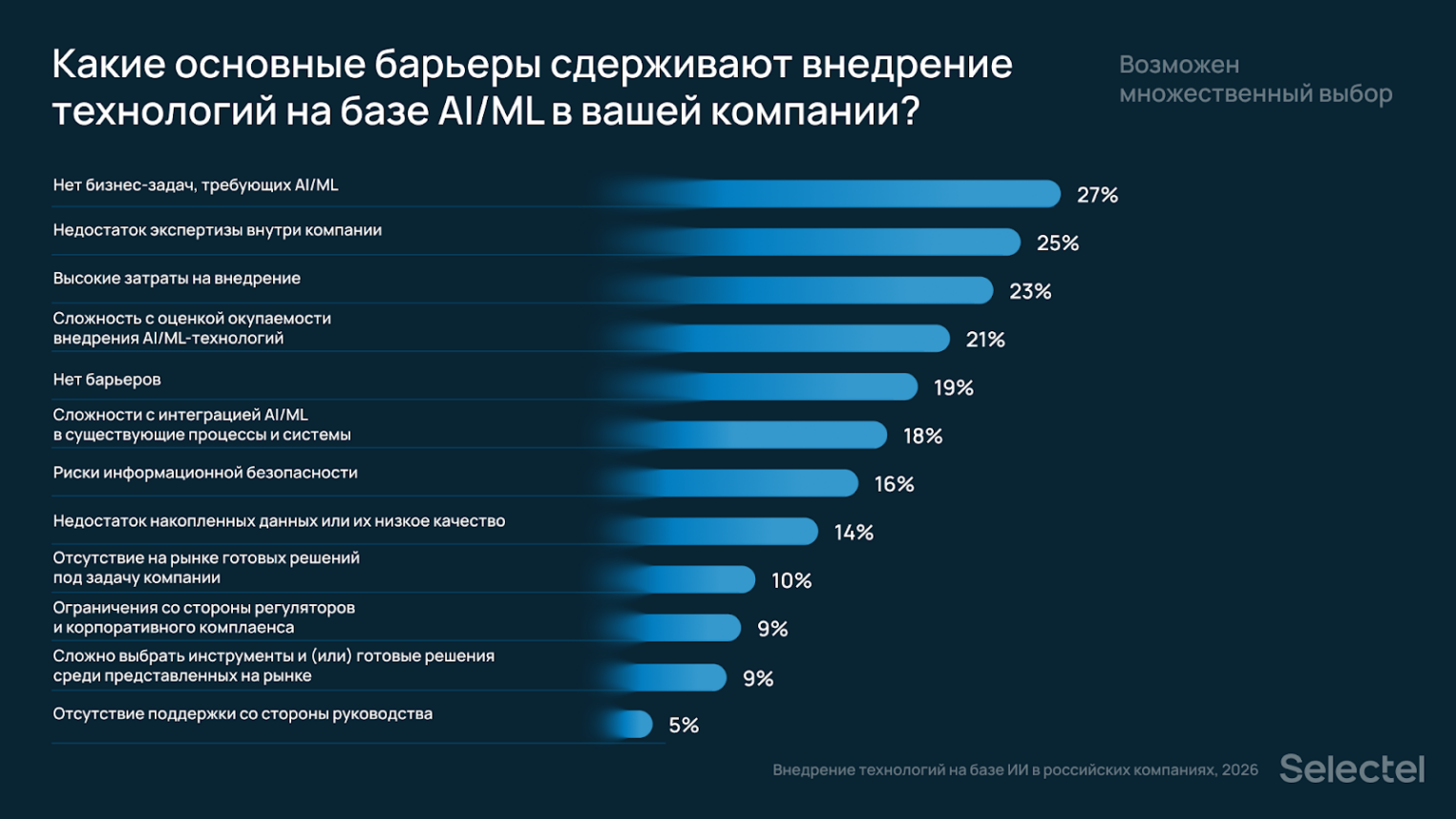 Диаграмма: какие основные барьеры сдерживают внедрение технологий на базе AI. Отображены данные, приведенные выше.