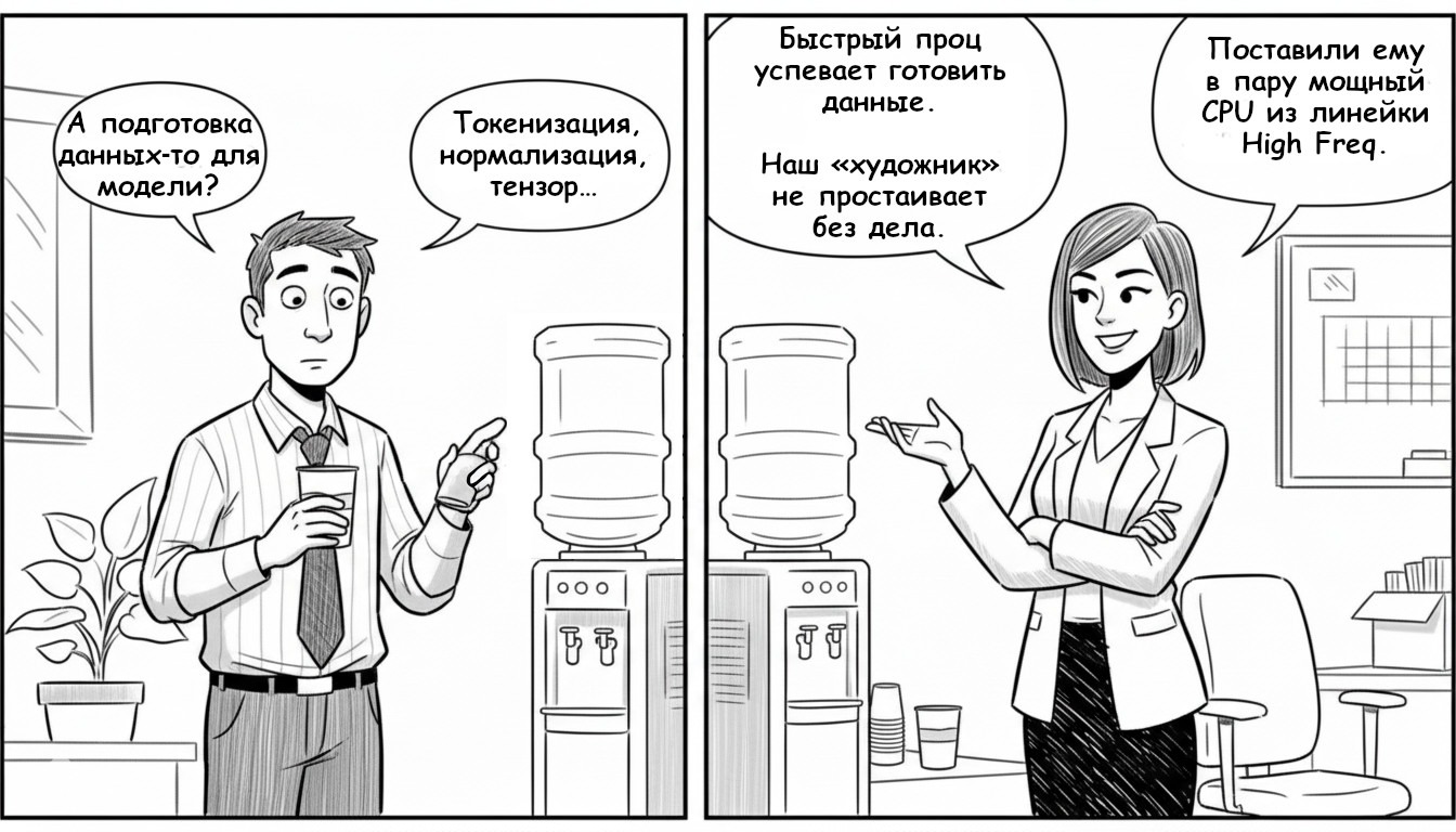 Комикс: Анна рассказывает о важности мощного CPU из линейки HighFreq для подготовки данных (токенизации и нормализации) перед отправкой в GPU, чтобы избежать простоя видеокарт.