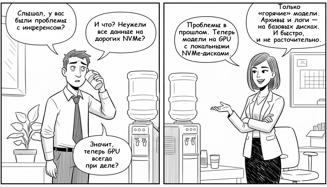Комикс: Анна объясняет Виктору, как ускорить инференс нейросетей. Использование GPU с локальными NVMe-дисками для быстрой загрузки «горячих» моделей и экономии на хранении логов.