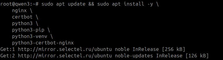 Скрин консоли с настройкой VPS-сервера.