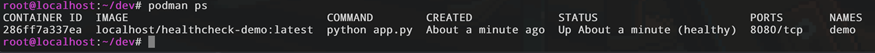 Скриншот команды 'podman ps': после исправления образа контейнер demo успешно прошел проверку и получил статус '(healthy)'.