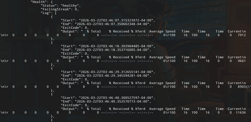 Скриншот детальных логов здоровья в 'podman inspect': показаны успешные проверки (ExitCode: 0) и стандартный вывод curl.