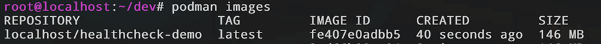 Скриншот терминала с выводом команды podman images, показывающий успешно созданный образ localhost/healthcheck-demo с тегом latest.