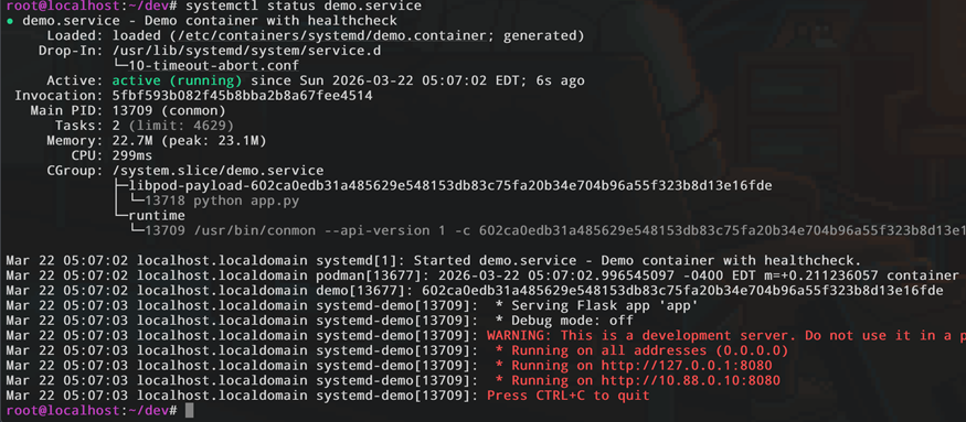 Скриншот вывода 'systemctl status demo.service': сервис Flask-приложения активен (running) под управлением Quadlet.