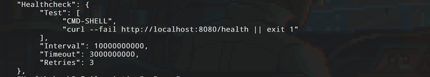 Скриншот параметров Healthcheck: наглядно показаны настройки Test (команда curl), Timeout (3s) и Retries (3).