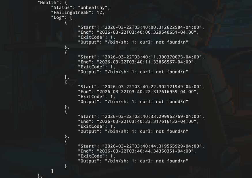 Скриншот вывода 'podman inspect' с логами ошибок: виден код выхода (ExitCode: 1) и сообщение об отсутствии утилиты curl в контейнере.