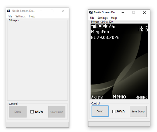 Окно программы Nokia Screen Dump на Windows с кнопками управления «Dump» и «Save Dump».