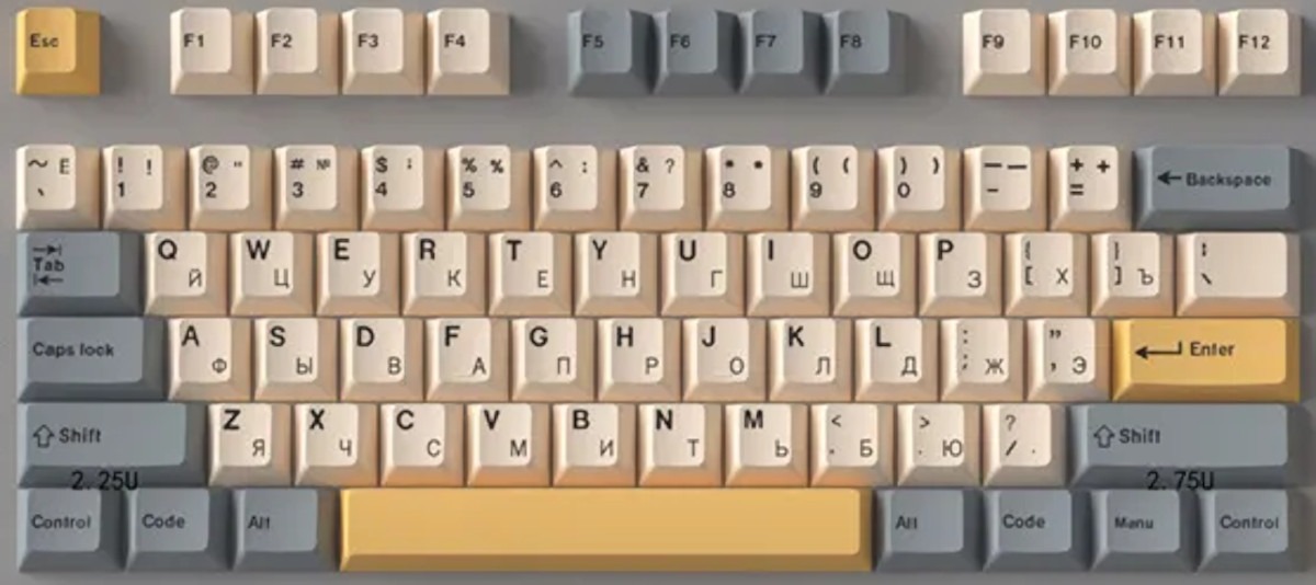 Ретро-набор бежево-серых колпачков с дублирующимися символами на цифровом ряду.