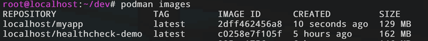 Вывод команды podman images в терминале. В списке образов отображается локальный образ localhost/myapp с тегом latest, созданный 10 секунд назад.