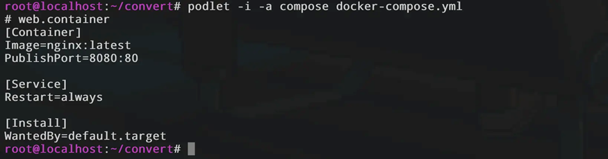 Скриншот терминала, демонстрирующий Quadlet-конфигурацию web.container. Описаны параметры образа nginx:latest, публикация порта 8080:80 и настройка автоматического перезапуска в секции [Service].