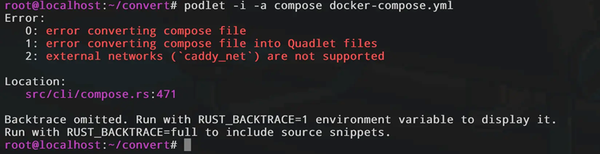 Скриншот терминала с ошибкой выполнения команды podlet. Текст ошибки сообщает, что внешние сети (external networks, в данном случае 'caddy_net') не поддерживаются при конвертации в Quadlet-файлы.