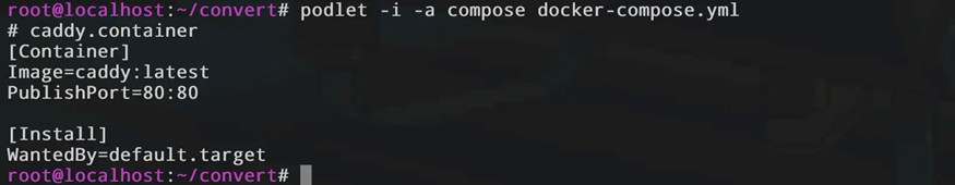 Скриншот терминала с результатом генерации Quadlet-файла caddy.container. Показаны параметры [Container] с образом caddy:latest и пробросом портов PublishPort=80:80.