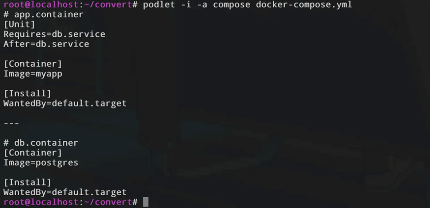 Скриншот терминала, показывающий вывод команды podlet для двух контейнеров: app.container и db.container. В секции [Unit] для приложения указаны зависимости Requires=db.service и After=db.service.