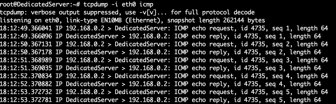 Терминал: результат работы утилиты tcpdump.