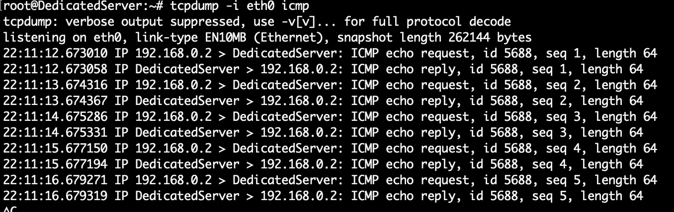 Терминал: результат работы утилиты tcpdump.