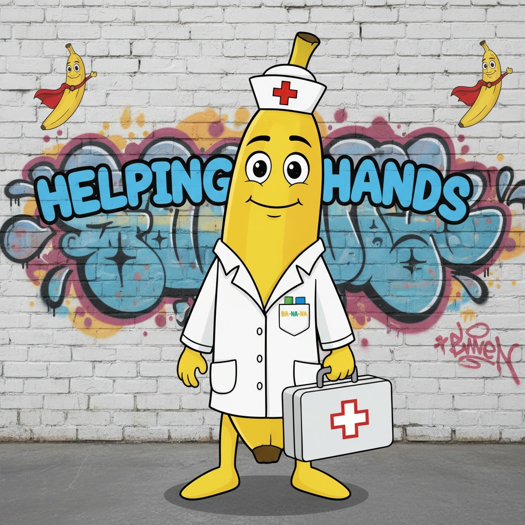 Фигурка желтого банана в медицинской шапочке с красным крестом.