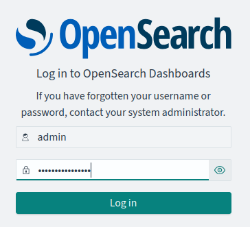 Страница авторизации администратора в OpenSearch Dashboards.