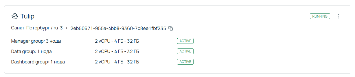 Статус кластера с данными по каждой группе нод.