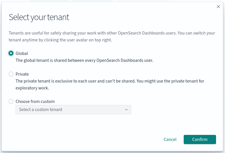 Окно выбора рабочего пространства тенанта.