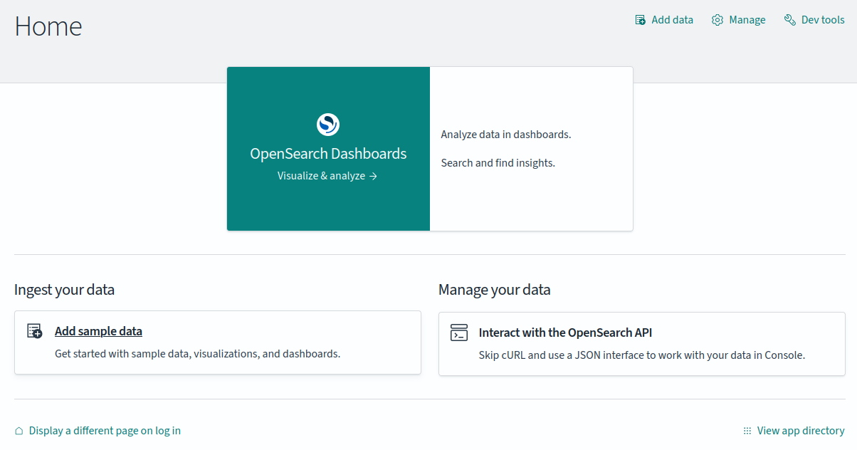 Главная страница Home в OpenSearch Dashboards с разделом добавления демонстрационных данных.