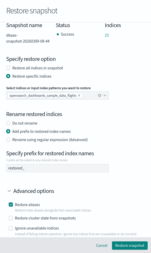 Настройка параметров восстановления конкретных индексов из резервной копии с префиксом restored.